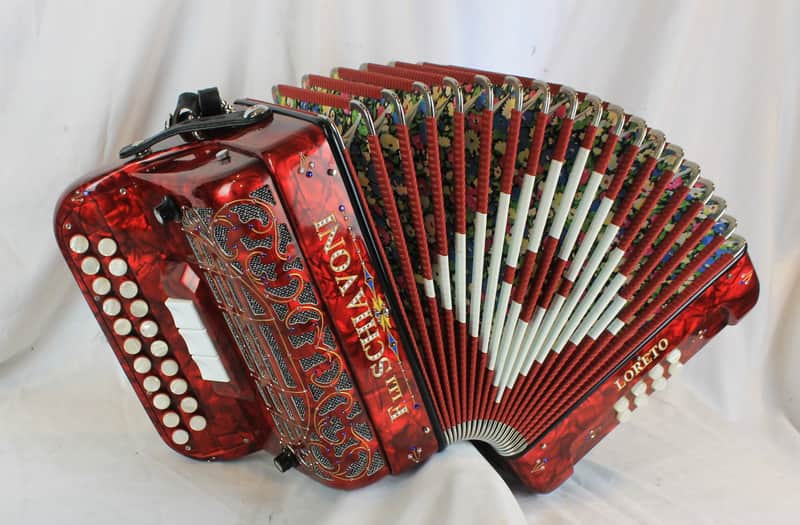 7684 - Red Decorated Filli Schiavoni "Loreto" Diatonic Button Accordion GC LMM 21 8 image 1
