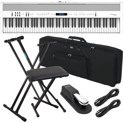 Roland FP-60X Portable Digital Piano (White), Keyboard Stand, Bench, Sustain Pedal, Gator GKB88, (2) 1/4 Cables Bundle