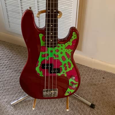 1998 New old stock MIM Fender electric bass guitarAlnico pickups Hand painted pick guard Fender Precision body , Jazz neck 1998 - Red with graphics image 8