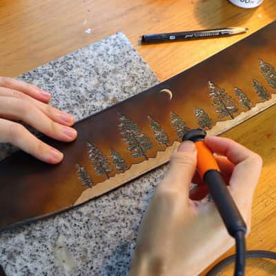 Burny Black Custom Guitar Strap - Pine trees Forest - Vegitable tanned leather For Acoustic or Electric Guitars made to order - oil image 4