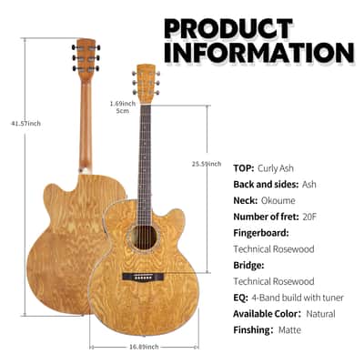 TARIO 41'' Acoustic Electric Cutaway Guitar Antique Jumbo Body Curly Ash body Okoume Neck Natural image 4