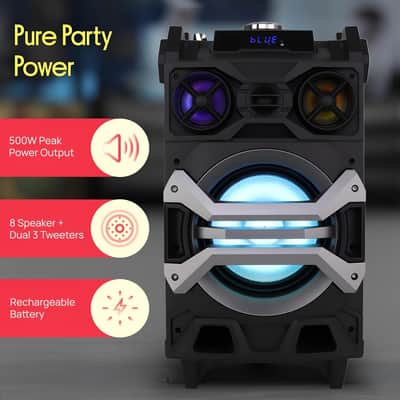 500 Watt Portable BT Connectivity Karaoke Speaker System - PA Stereo with 8" Subwoofer, DJ Lights Rechargeable Battery Microphone, Recording Ability, MP3/USB/SD/FM Radio image 3