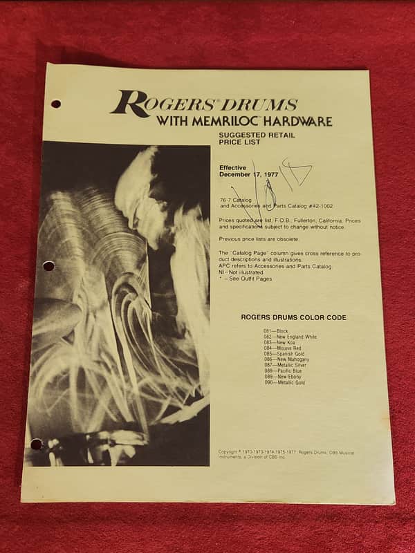 Vintage 1977 Rogers Price List image 1