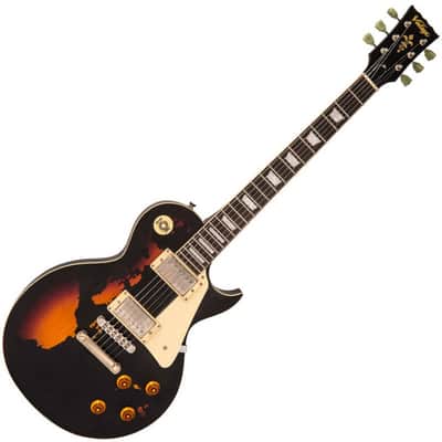 Vintage V100 ICON Electric Guitar ~ Distressed Black Over Sunburst image 1