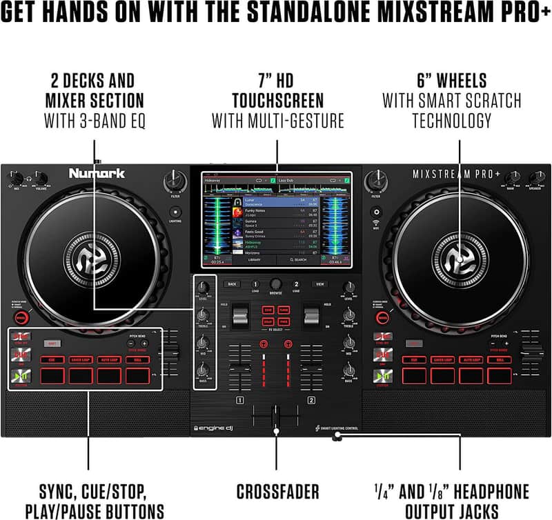 Numark Mixstream Pro+ DJ Controller For Amazon Music, Serato & Virtual DJ w/ Mixer, Touchscreen, WiFi, Speaker image 1