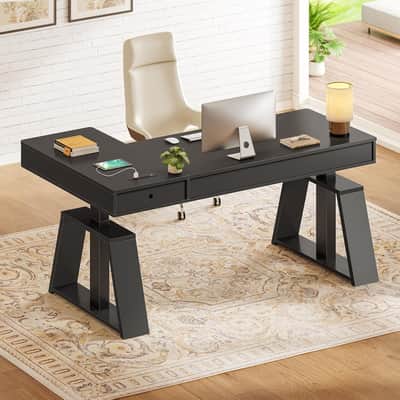 59" L-Shaped Electric Standing Producer Desk – Black Studio Workstation with Drawers, Power Outlets & Monitor Stand image 7