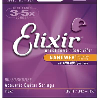 Elixir 11052 80/20 Bronze Nanoweb Coated Acoustic Guitar Strings, Light (12 - 53)