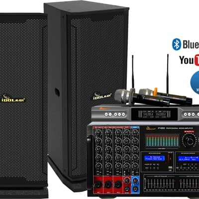 Karaoke System 8000W Mixing Amplifier, 6000W Floor Standing Speakers, Dual Wireless Microphone Bild 1