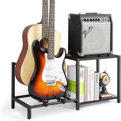 Guitar Stand, 2-Tier Guitar Stands Floor with Guitar Amp Stand, Guitar Rack for Multiple Guitars and Guitar Accessories, Adjustable Guitar Holder, Guitar Display for Music Studio Home image 1
