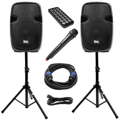 PAIO15 - Active 15 Inch PA Speaker System - Bluetooth, Wireless Mic, Speaker Stands and Cables image 1