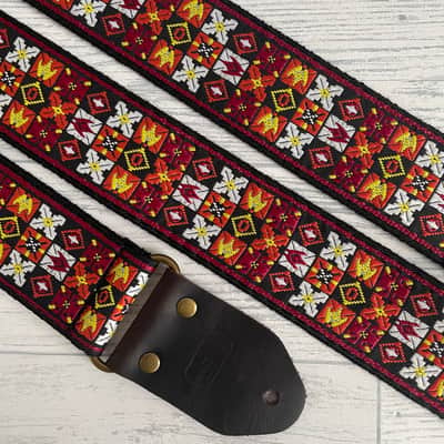 Red black and orange jacquard design guitar strap image 1