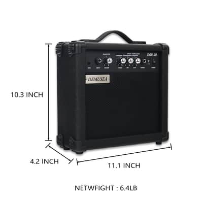 Demusea 20W Electric Bass Amplifier Black Bass Amp Portable Travel Beginner Practice Headphone Jack Aux Treble Middle Bass Mp3 with 3m Noiseless Cable Adapter Picks Aux Cable Earphone image 3