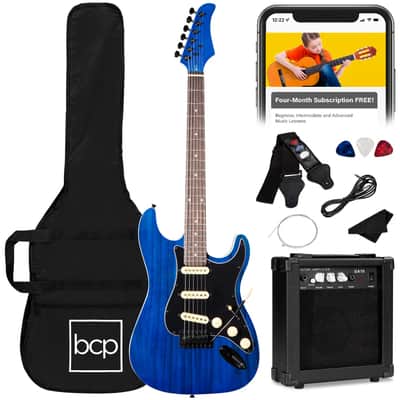 Beginner 39 In Electric Guitar Kit w/ Case, 10W Amp, Tremolo Bar - Blue Stripe image 1