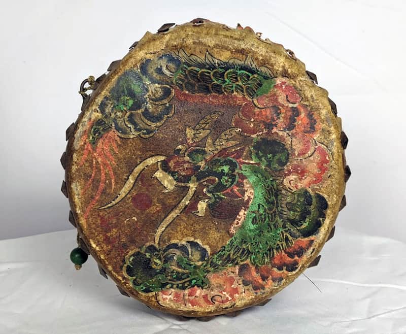 Antique Chinese Hand Painted Dragon & Phoenix Tack Drum Double Sided Percussion image 1