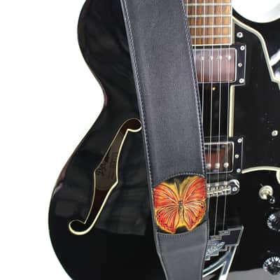 Walker & Williams WW-CVG-166 Scarlet Red And Gold Glider Butterfly Design On Black Padded Strap 2021 image 4