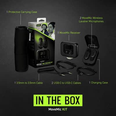 Mint Shure MoveMic Two Kit - Pro Wireless Lavalier Microphones with Camera Receiver for DSLRs, iPhone, Android, Mac & PC, 2 Bluetooth Mini Mics, 24 Hours Charge, IPX4, Portable Clip Lavs (MV-Two-KIT-Z7) image 3