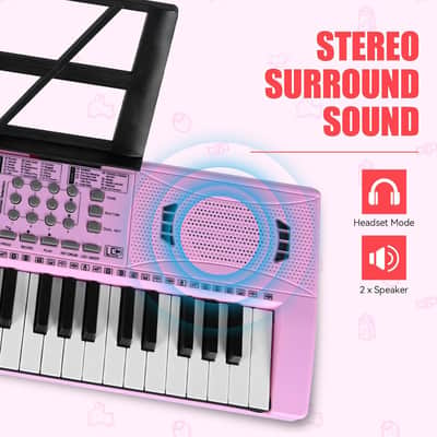 61-Key Digital Piano for Kids - Pink Keyboard with Stand, Microphone, and Educational Features image 2