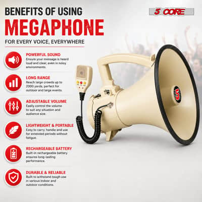 5 Core Megaphone Speaker 100W Loud Rechargeable Bullhorn w Built-in Siren image 7