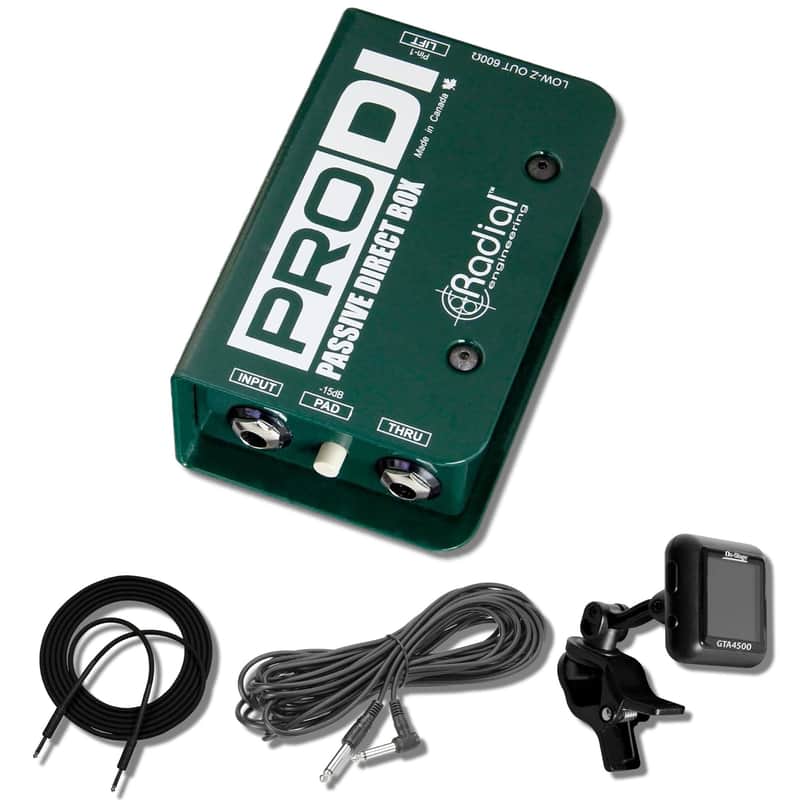 Radial Engineering ProDI Direct Box with 15' Coiled and 25' Instrument Cables, 20' XLR Cable, and Guitar Tuner image 1