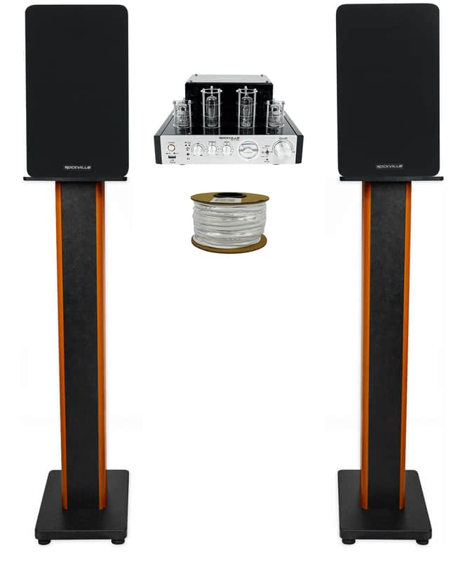 Rockville BluTube Tube Amplifier+5.25" Black Bookshelf Speakers+36" Wood Stands image 1