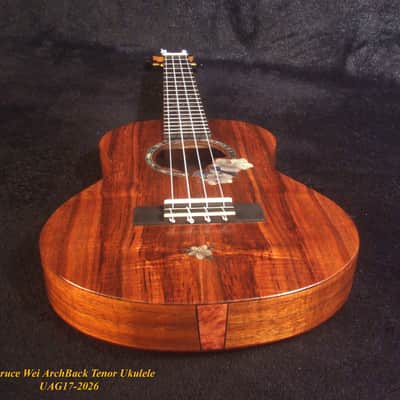 Handmade Solid Hawaiian Koa Tenor Ukulele, Rosewood Arch-Back, Hibiscus Abalone, MOP Inlay, Soft-bag, Bruce Wei UAG17-2026 image 8