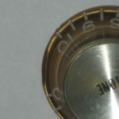 ONE very lite use genuine Gibson TONE (small print) knob from PRMK-030 set (only ONE TONE knob for sale / the other three knobs NOT included)  late 2000s or early 2010s - Knob is Gold with White Numbers & White Dashes (Gold Reflector w/ Small Black Print) image 11