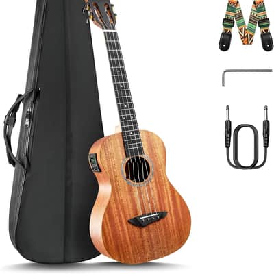 Baritone Electric Ukulele All Solid Mahogany Wood 30'' Professional Wood Ukelele Instrument Kit Small Hawaiian Guitar Beginner ukalalee Starter Pack Bundle Gig bag, Strap, String Set image 1