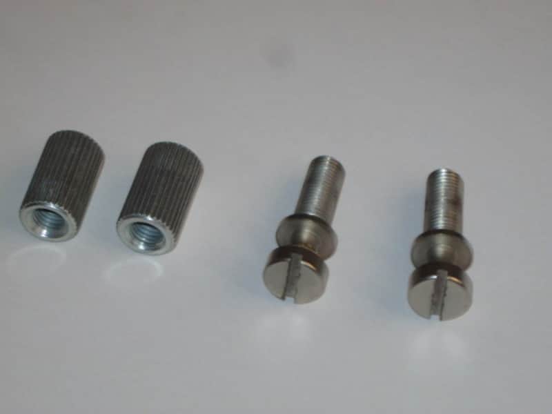 ONE pair of used (lightly relic'd) Gibson (API) Brushed Satin NICKEL finish STUDS (mounting pieces) and Silver finish ANCHORS (inserts) from 2014, for PTTP Brushed Satin NICKEL Finish Stop Bar Tailpiece (Stop Bar Tailpiece NOT included) image 1