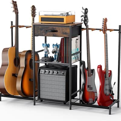 Guitar Stands Floor with 4 Guitar Holders, 3-Tier Guitar Stand Multiple Guitars, Guitar Rack with Amp Stand & Cloth Drawer, Multi Guitar Stand for Music Studio, Guitar Accessories gift for Music Lover image 1