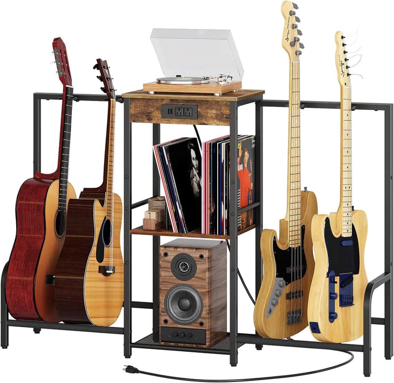 Guitar Stand with 4 Guitar Holders, 3-Tier Multi Guitar Rack Holder for Electric Guitar, Bass, with Charging Station and Soft-Padded Protect for Home Studio Music Room, Rustic Brown GS01BR image 1