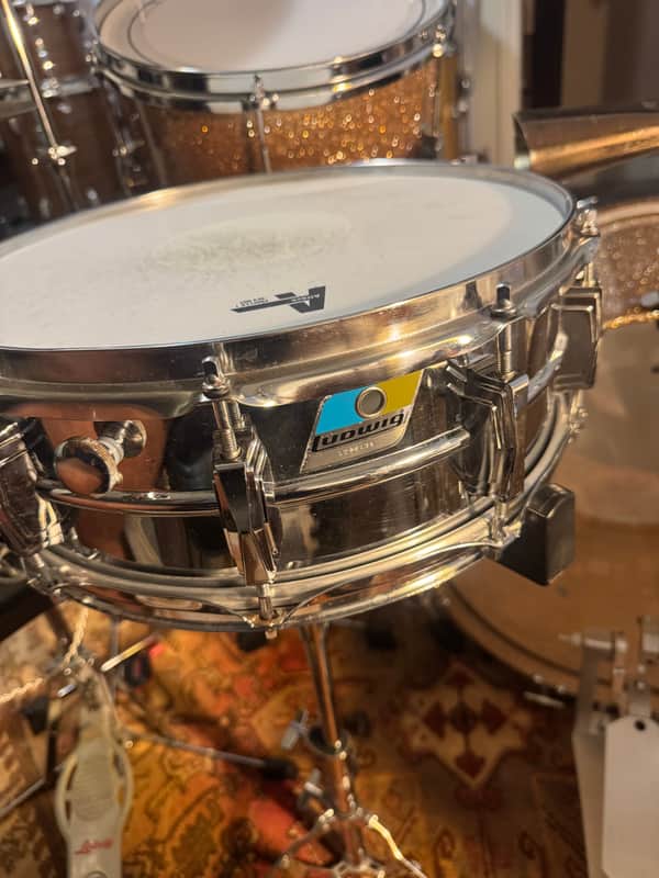 Ludwig No. 400 Supraphonic 5x14" 10-Lug Aluminum Snare Drum with Pointed Blue/Olive Badge 1969 - 1979 Chrome-Plated image 1