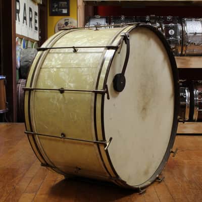 1930s Leedy 14x28 Spartan Bass Drum in White Marine Pearl w/ Knobby Gold Hardware image 2