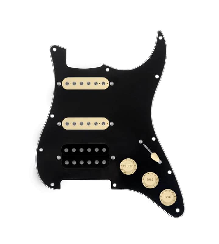 920D Custom HSS Loaded Pickguard For Strat With An Uncovered Cool Kids Humbucker, Aged White Texas Grit Pickups, Black Knobs, and Black Pickguard image 1