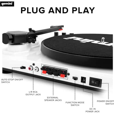 Gemini Sound TT-900-3-Speed Turntable with Bluetooth, 2-Way Stereo Speakers, and Pitch Adjustment (White) image 6