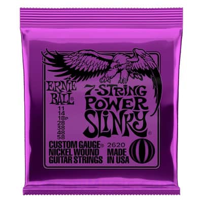 Power Slinky 7-String Ni-Wnd Elect-Guitar Strings 11-58 Gauge Set - Ni-plated wrap over hex-shape steel core; specially tempered tin-pltd plains image 1