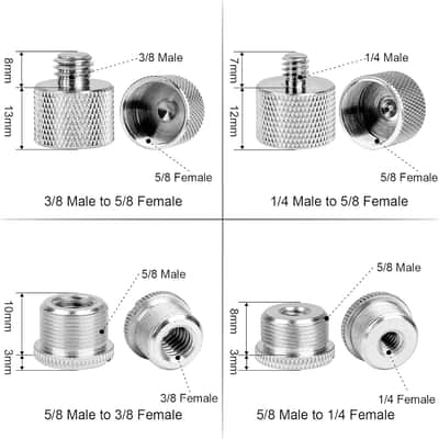 Mic Stand Adapter Set,8 Pcs Mic Thread Adapters-5/8 Female to 3/8 Male and 3/8 Female to 5/8 Male,5/8 Female to 1/4 Male and 1/4 Female to 5/8 Male-Screw Adapter for Microphone Stand Boom Arm-Silver image 2