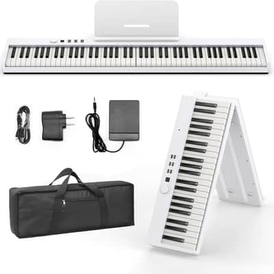 88 Key Keyboard Piano Portable Folding Piano with Semi-Weighted Keyboard, 128 Tones, USB MIDI, Sustain Pedal, Music Stand for Beginners Gifts, White image 1