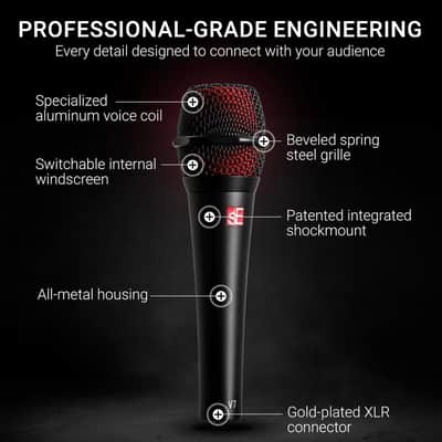 sE Electronics V7 Dynamic Microphone for Singing, Speech & Studio Recording - XLR Handheld Professional Microphone with Supercardioid Aluminum Voice Coil for Huge Gain Before Feedback - Brushed Nickel image 5