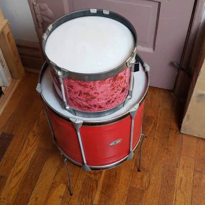 Pair of 1960s Noble & Cooley Tin Toy Tom + Floor Tom Drum - Red Steel w/Legs image 15