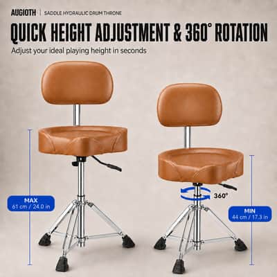 Augioth Drum Throne with Backrest Padded Hydraulic Drum Chair Height Adjustable Drum Stool with Stable Bass Comfortable Memory Foam Drum Seat for Adult Drummers Guitar Players Light Brown image 3
