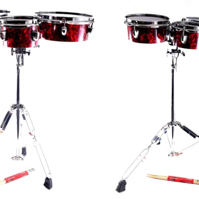 RED Brand New 100% Handmade Triple Bongo Set + Adjustable Stand with autonomous fastening, Maxtone drum head skins 6,8,10 inches & Stagg Sticks image 4