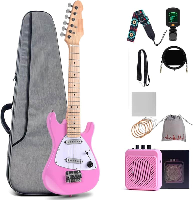 30 Inch Kids Electric Guitar Beginner Kit, Junior 1/4 Size Mini Electric Guitar for Children Complete Stater Set with Amp, Gloosy Pink Colour image 1