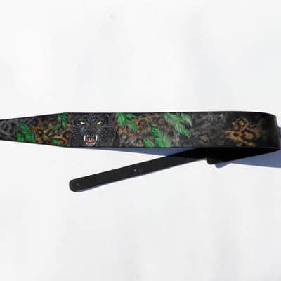 Burny Black Handmade Leather Guitar Strap: Black Panther_Carved & Painted, Custom Initials 2026(made to order) - oil image 14