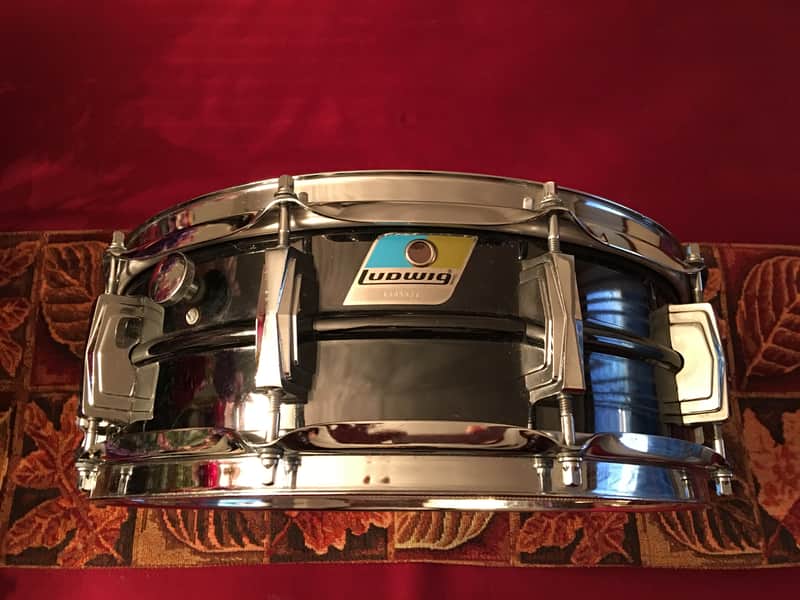 Ludwig No. 416 Black Beauty 5x14" Brass Snare Drum with Pointed Blue/Olive Badge 1977 - 1979 image 2