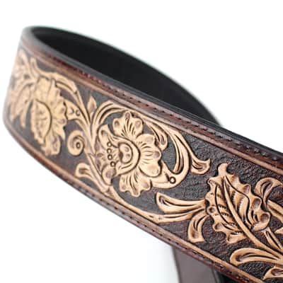 Walker And Williams KH-02-BRN Umber Brown Carving Leather Top W/ Tooled Floral Vine & Western Ends image 3