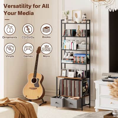 6-Tier Vinyl Record & Media Storage Rack – CDs, DVDs, LPs & Drawers image 4