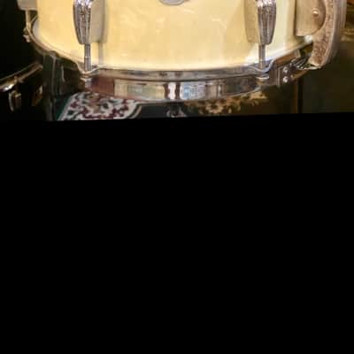 1940s Slingerland Super Gene Krupa Radio King 7x14” 16-Lug Solid Maple Snare, Aluminum War Time Badge - White Marine Pearl image 13