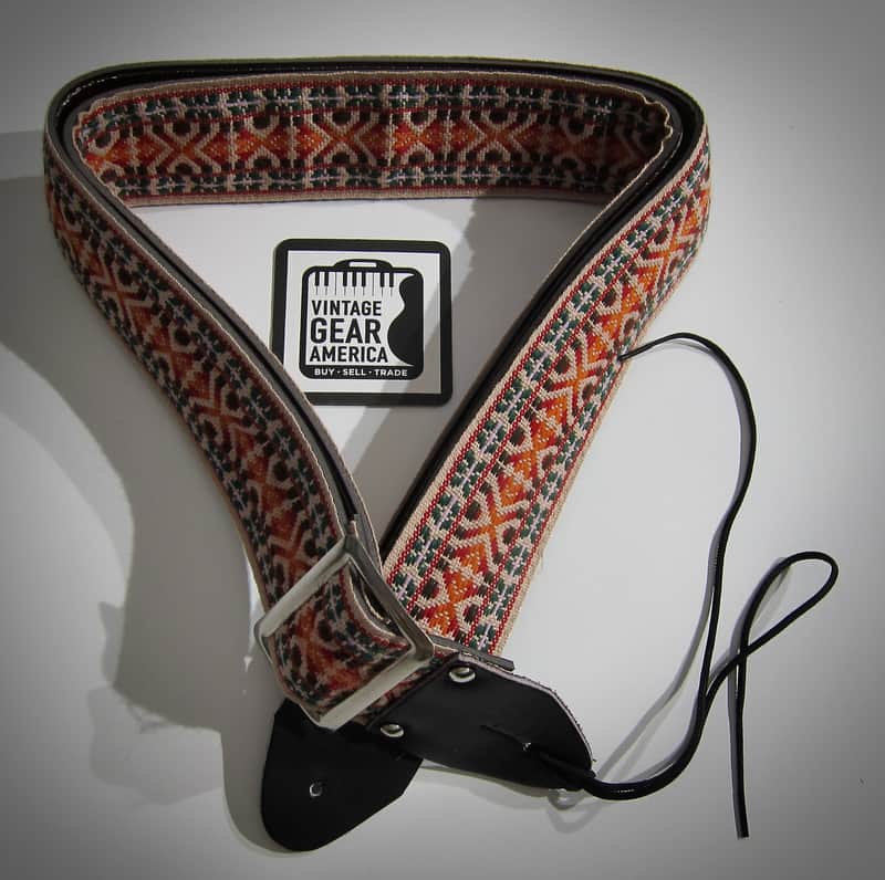 ACE Guitar Strap Unbranded Hippie Guitar Strap Genuine Vintage Part Circa-1960s-Light Brown with Green & Orange image 1