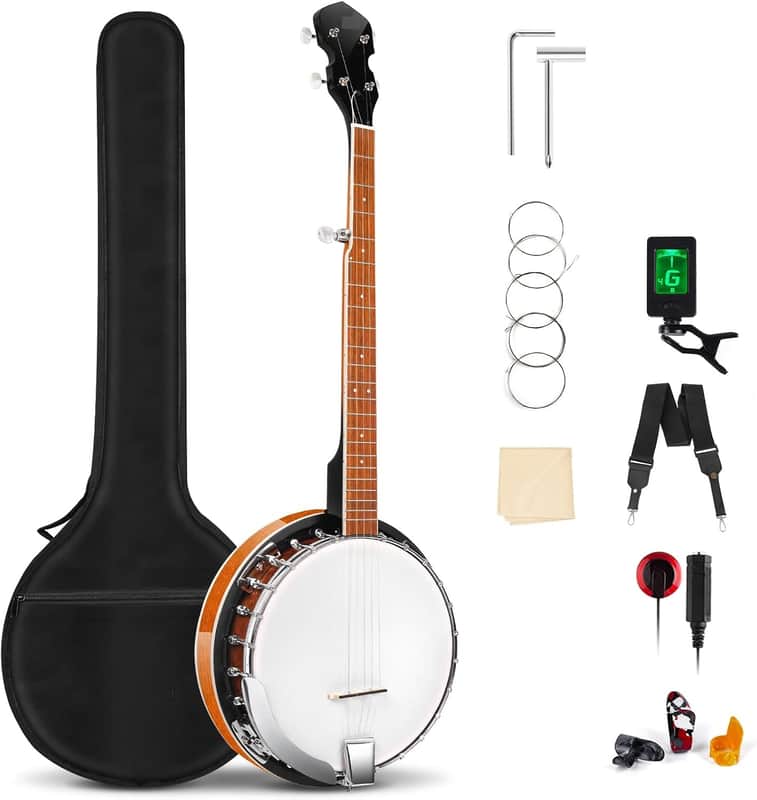5 String Beginner Full Size Kit, Remo Head 24 Bracket Open Back Banjo Set with Resonator Starter Kit Gift Choice for Adults Youth Teen Beginner image 1