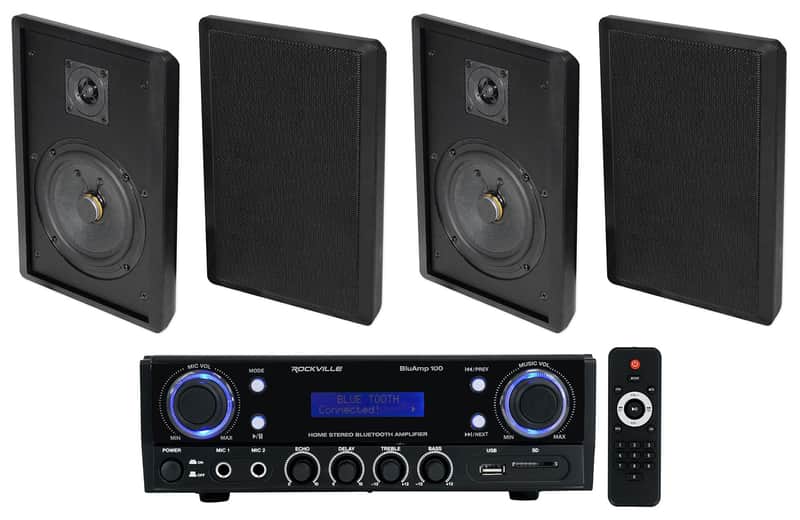 Rockville BLUAMP 100 Home Stereo Receiver Amplifier+4) Black Wall Mount Speakers image 1